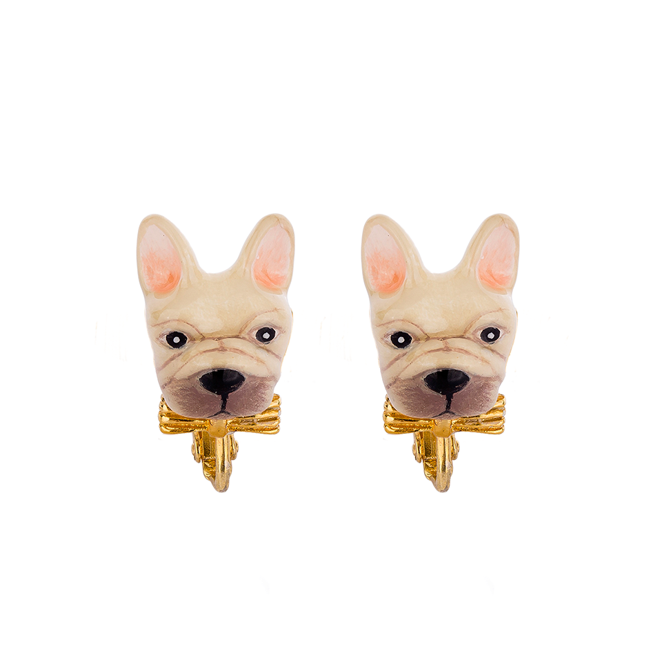 Frenchie Puppy Love The Cream Color Clip On Earrings