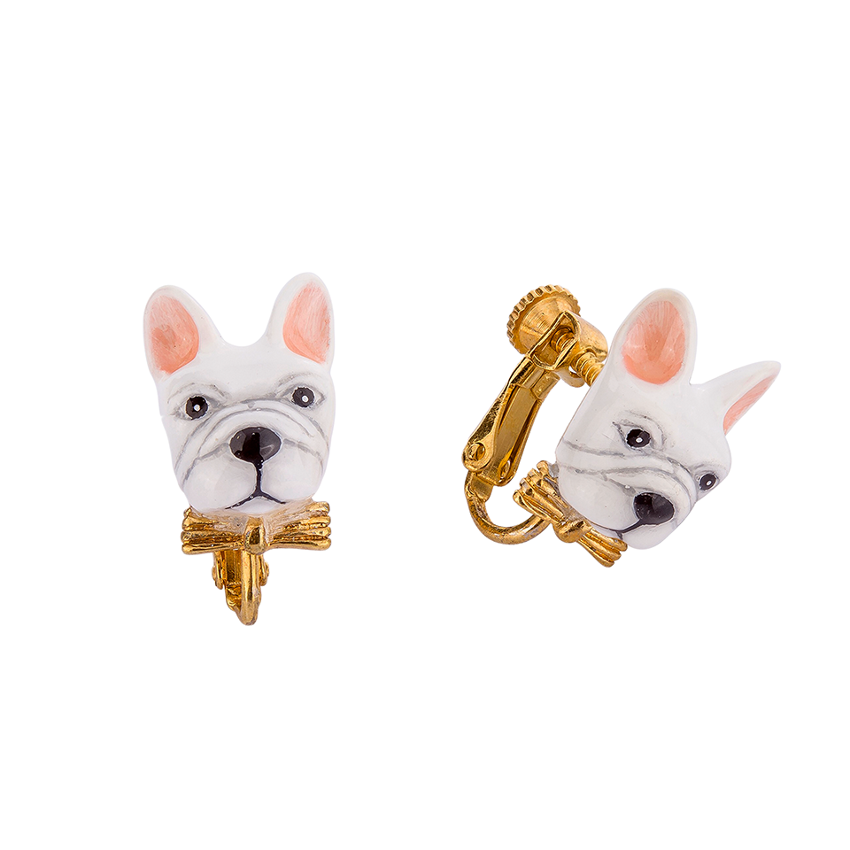 Frenchie Puppy Love The White Color Clip On Earrings